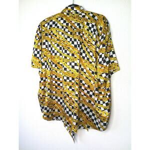 Balenciaga Black White Gold Checked Chain Print Short Sleeve Tie Neck Blouse 40